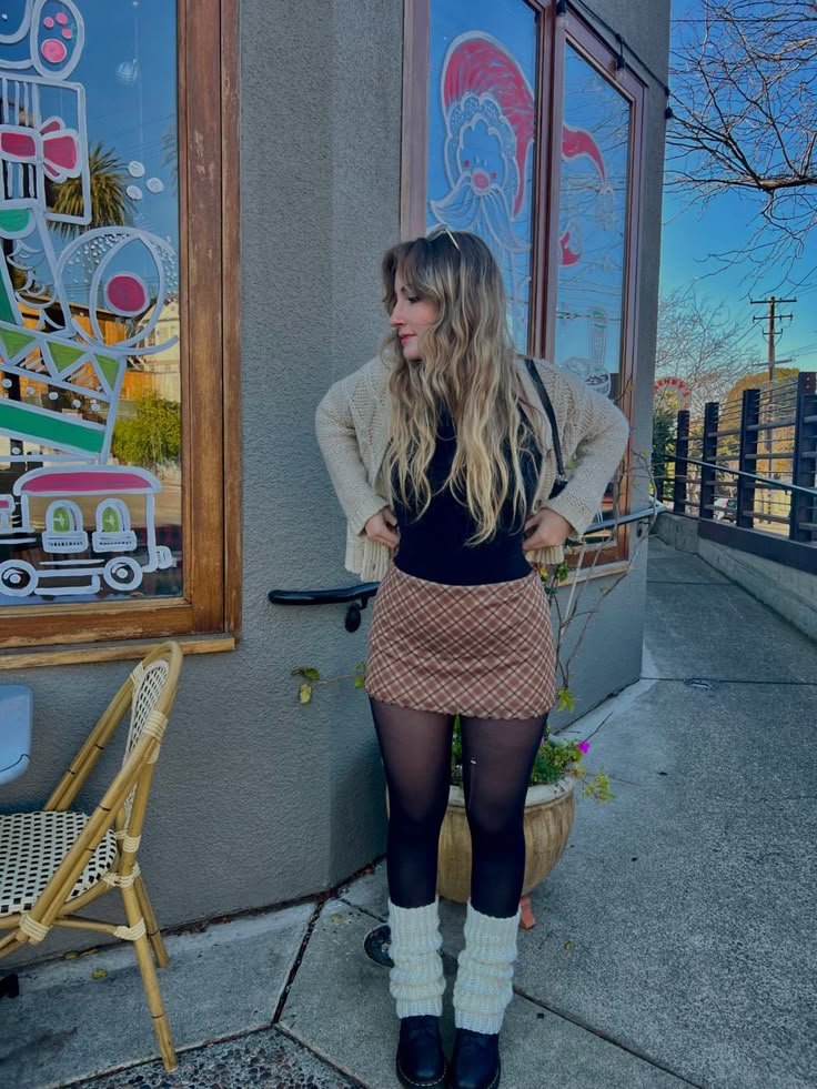 Fall outfit inspo, leg warmer outfit inspo, brown plaid skirt Fall outfit inspo, leg warmer outfit inspo, brown plaid skirt - skirt with tights