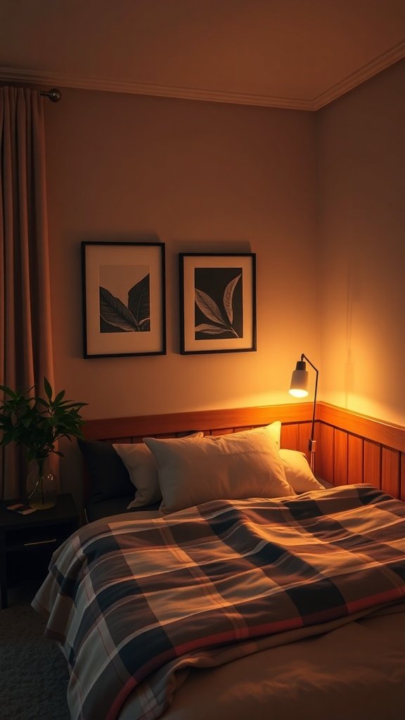 A cozy bedroom with mood lighting and framed leaf art on the wall.