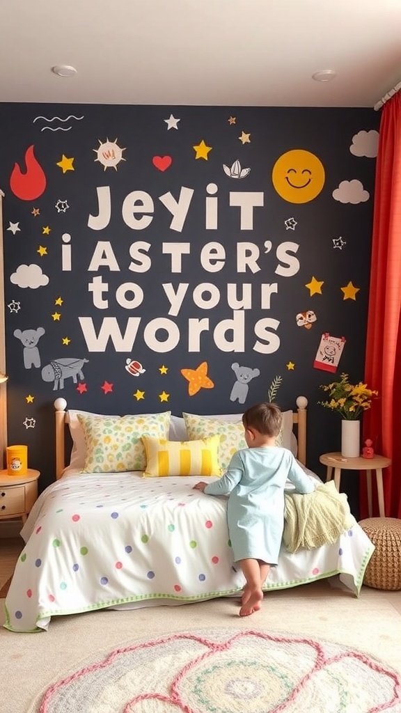 A child interacting with a colorful wall art in a modern bedroom.