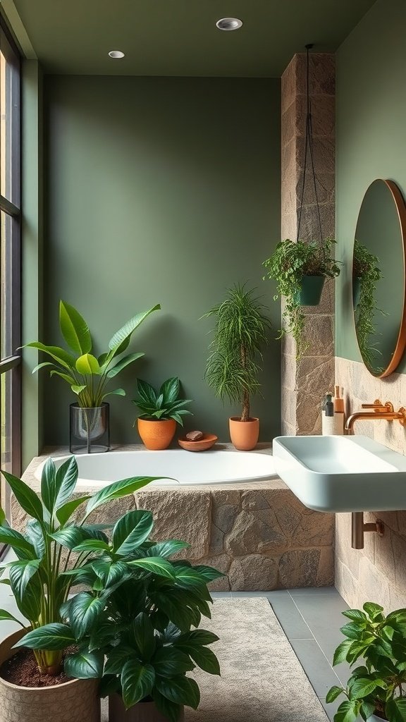 A modern bathroom featuring earthy green walls, stone accents, and various indoor plants.