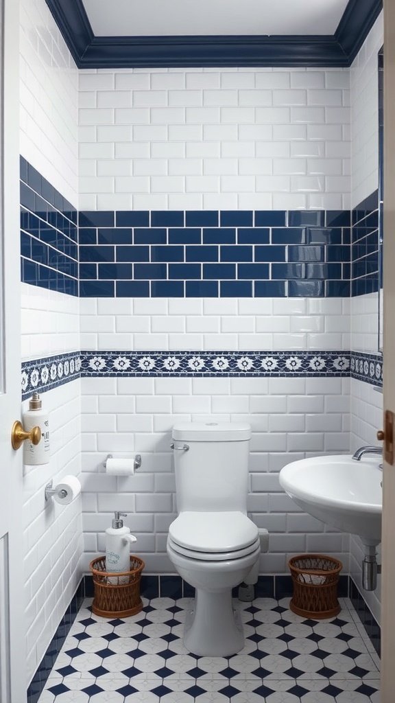 A modern bathroom featuring navy and white tiles, a toilet, and a sink.