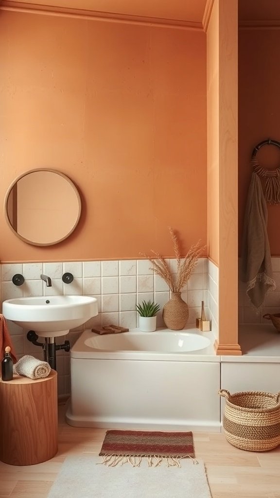 A modern bathroom featuring warm terracotta walls and cream accents.