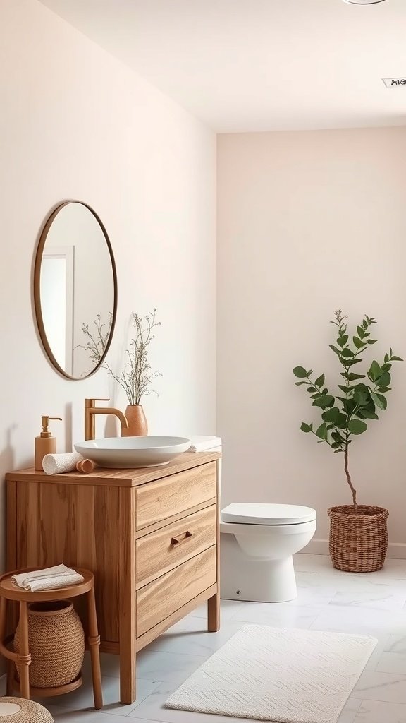 A modern bathroom featuring soft pastel walls, a natural wood vanity, and greenery.