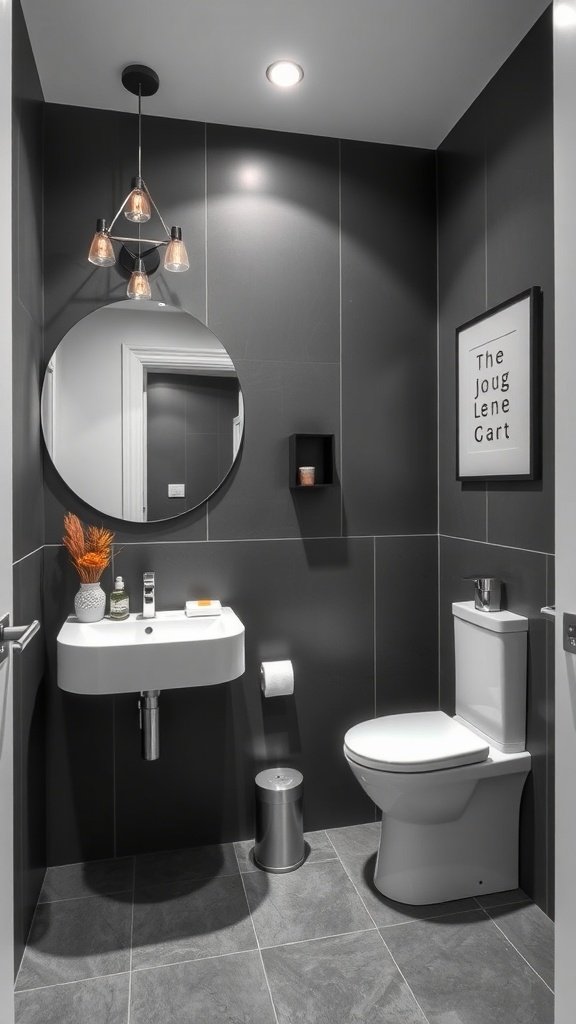 A modern bathroom featuring charcoal walls and white fixtures.