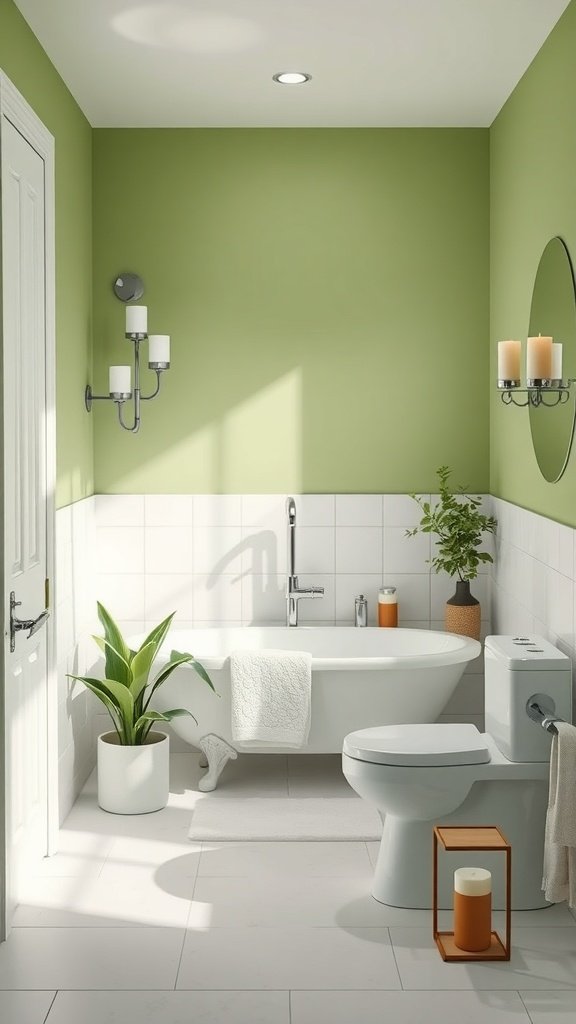 A modern bathroom featuring fresh green walls and white tiles, with a bathtub, plants, and candles.