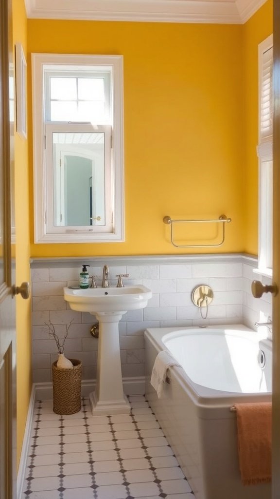 A bright yellow bathroom with gray accents, featuring a bathtub and sink.