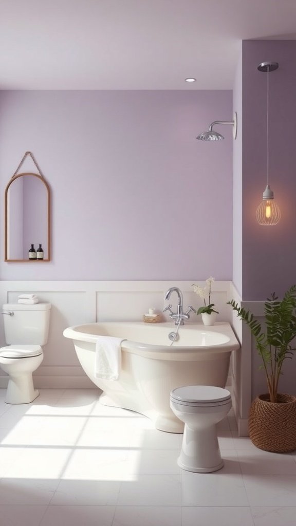 A modern bathroom featuring muted lavender walls and cream fixtures.