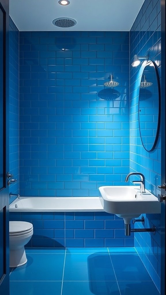 A modern bathroom featuring electric blue tiles and silver fixtures.