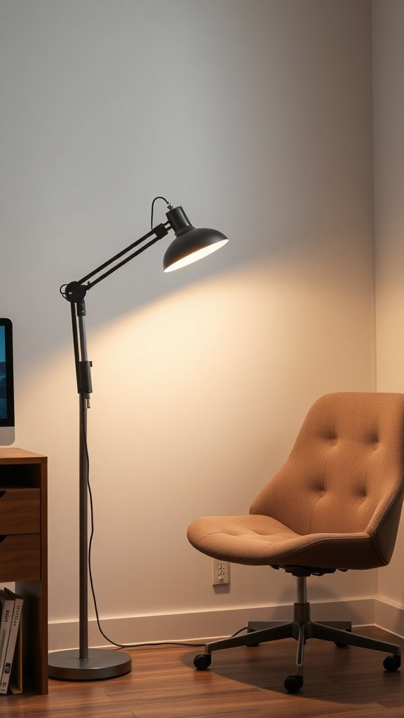 A stylish adjustable floor lamp next to a cozy office chair.