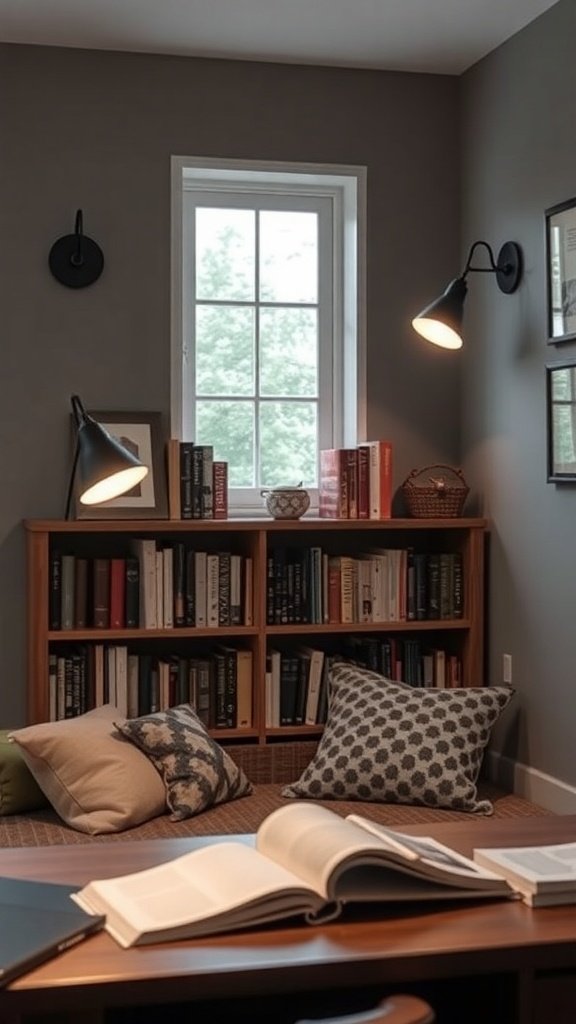 Cozy home office with wall-mounted reading lights and a bookshelf.