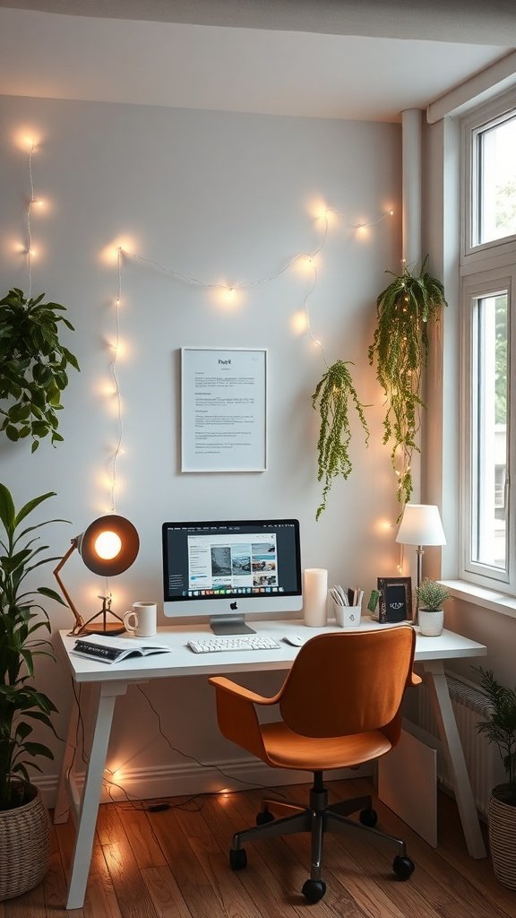 Cozy home office with string lights and plants.