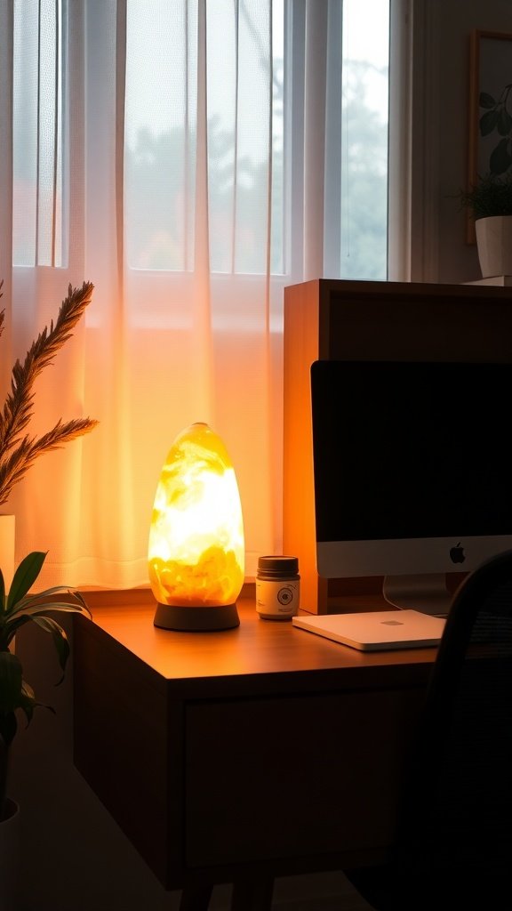 A Himalayan salt lamp glowing warmly on a desk beside a computer and a plant.