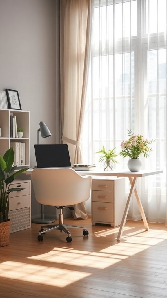 A cozy home office with a desk, chair, and plants, featuring sheer curtains that allow natural light to shine through.