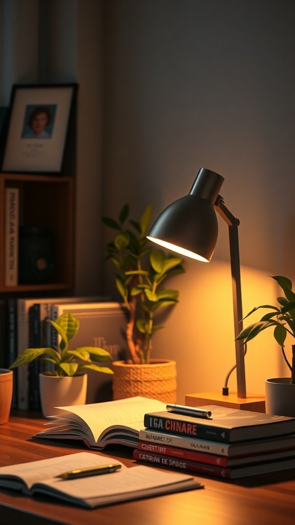 A warm LED desk lamp illuminating a cozy workspace with books and plants.
