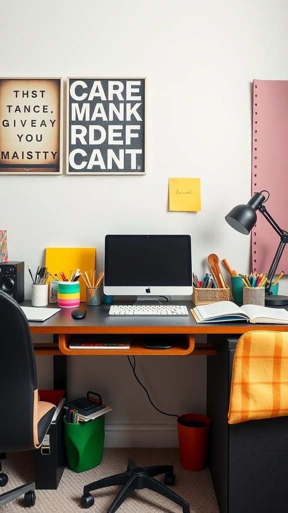 A colorful home office desk with various desk accessories, including pens, notebooks, and decorative items.