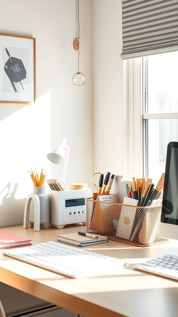 A cozy home office desk with stylish organizers and good lighting.