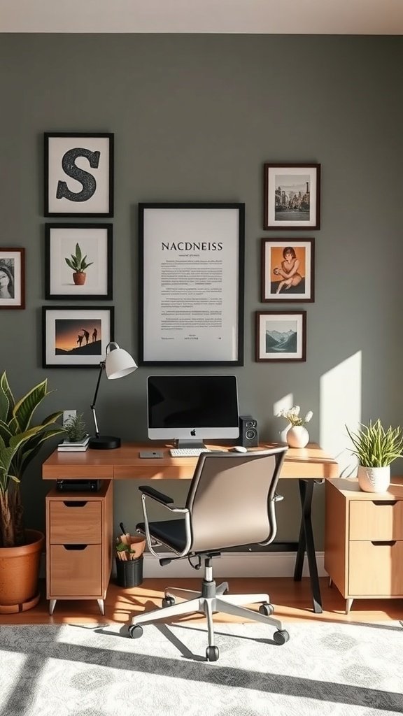 A cozy home office with personalized wall art, including framed pictures and a plant.
