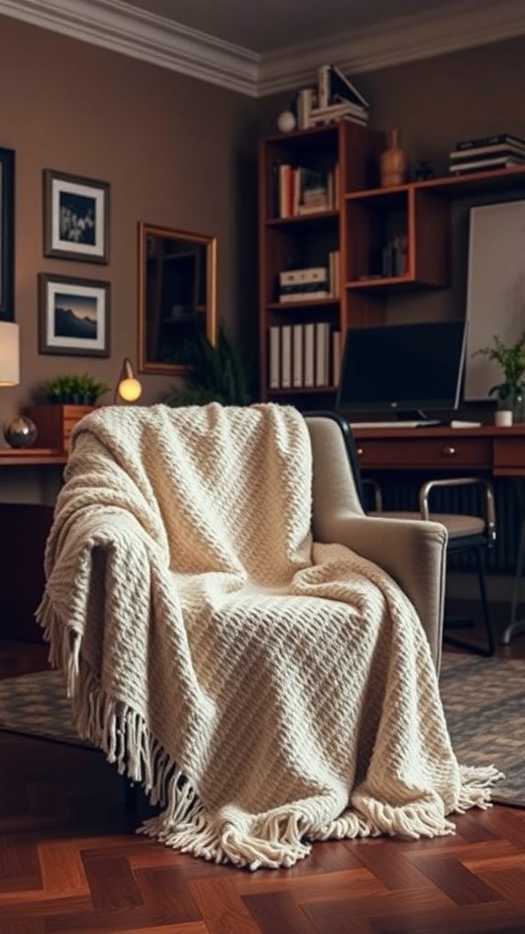 A cozy throw blanket draped over a chair in a home office setting.