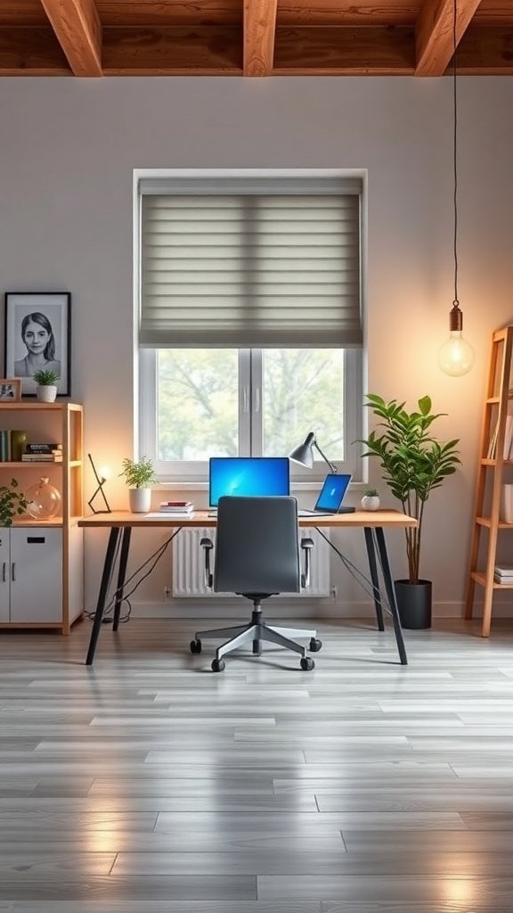 A cozy home office with a desk, chair, and smart lighting.