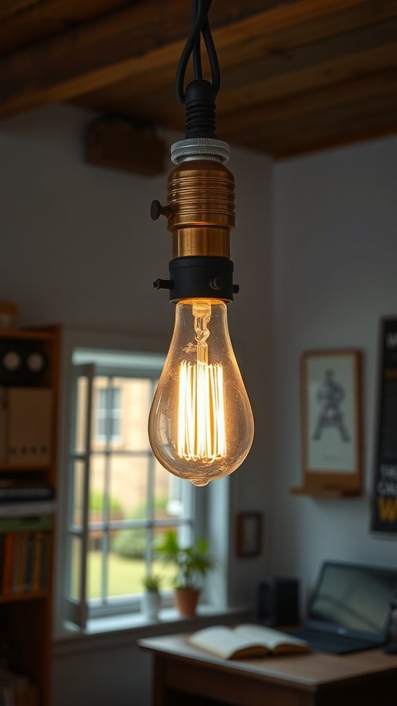 A vintage-inspired Edison bulb hanging in a cozy home office setting.