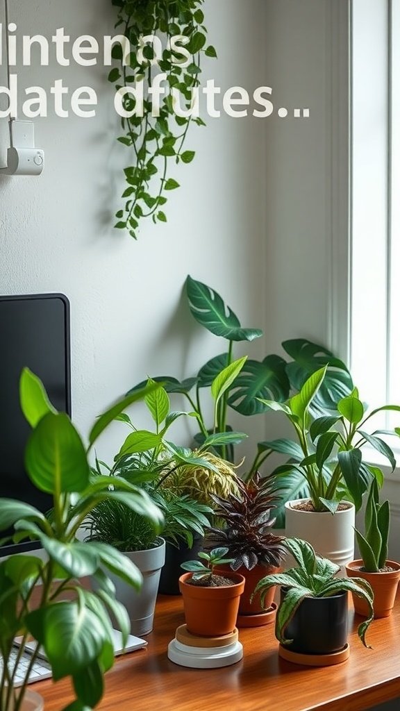 A cozy home office with various indoor plants on a wooden desk.