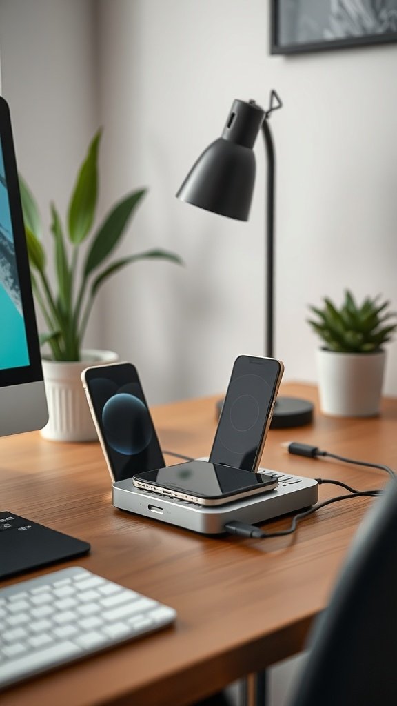 A modern multi-functional charging station with three smartphones charging on a wooden desk, accompanied by a lamp and a plant.