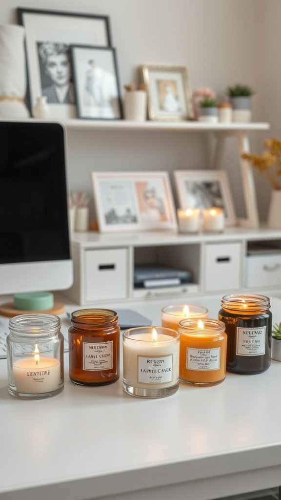 A collection of scented candles on a desk in a cozy home office setting.