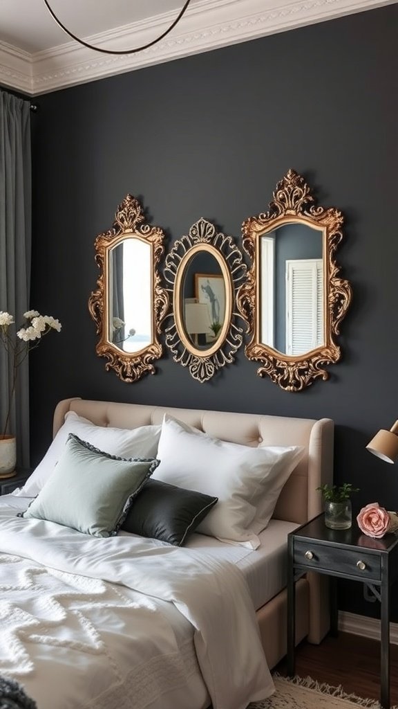 Three ornate mirrors on a dark wall above a bed with decorative pillows.