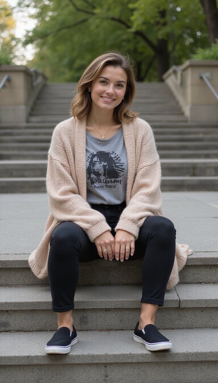 Cozy Cardigan Over Graphic Tee And Leggings