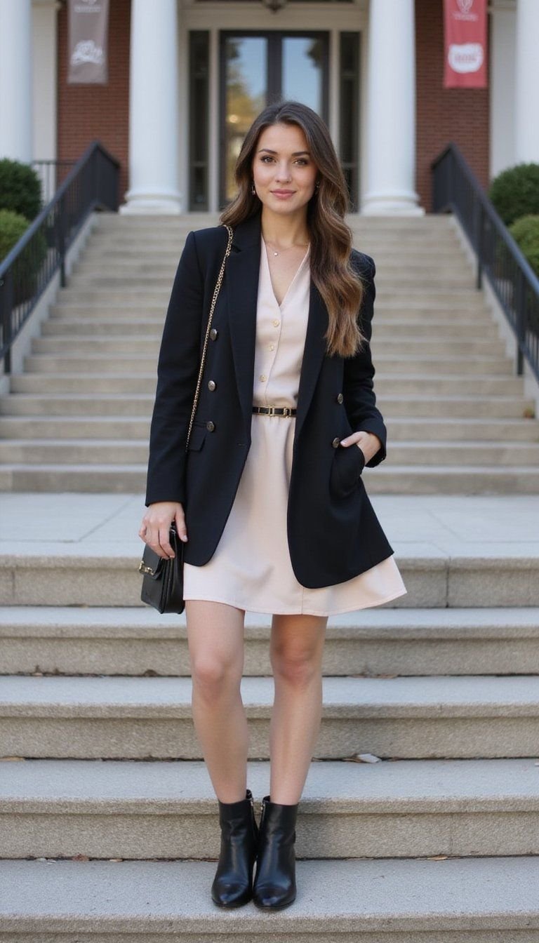 Polished Blazer Dress With Ankle Boots
