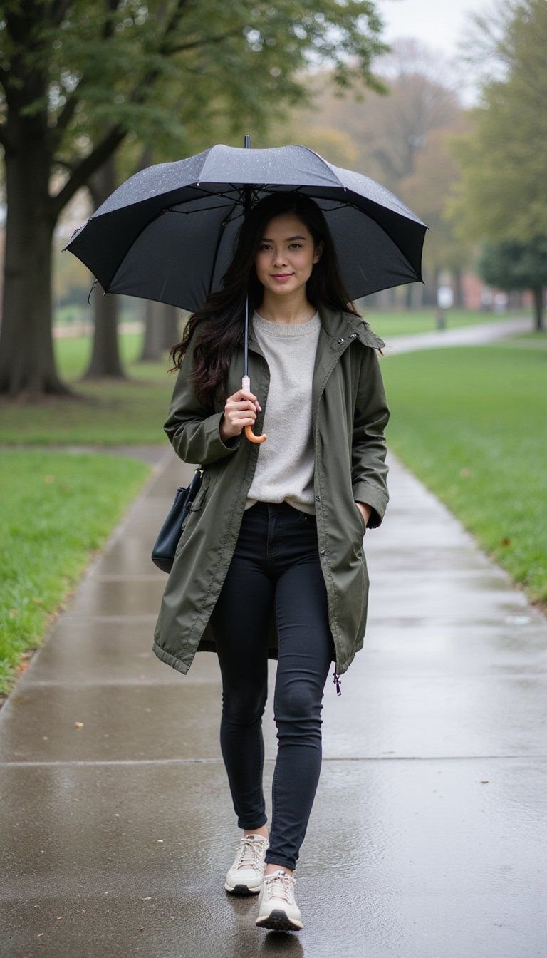 Rain-Ready Outfit With Waterproof Sneakers And Packable Coat