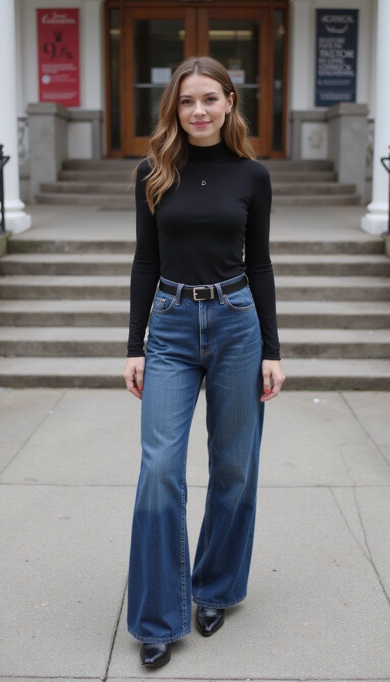 Simple Turtleneck And Wide-Leg Jeans Combo