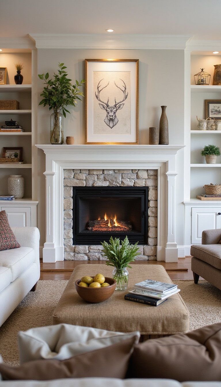 Built-In Shelving Flanking A Stone Surround