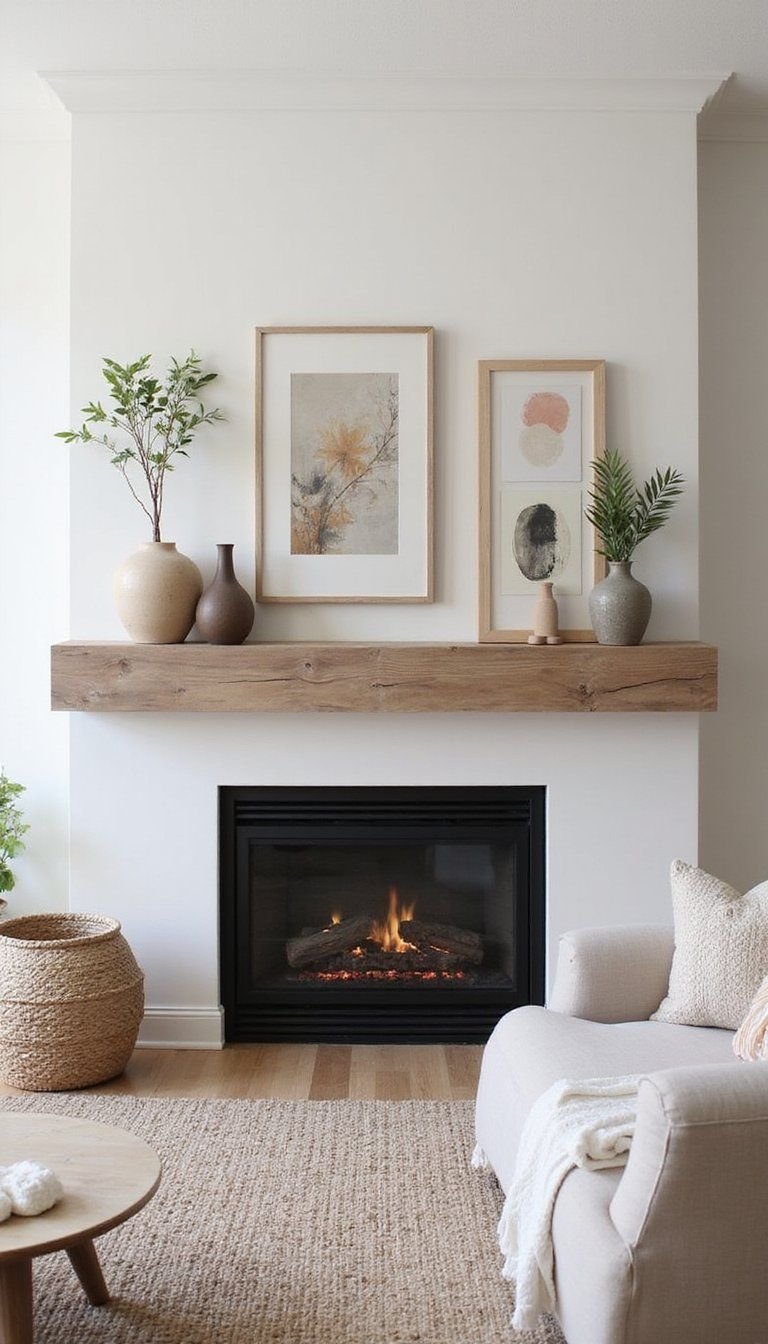 Floating Mantel With Layered Textures And Art