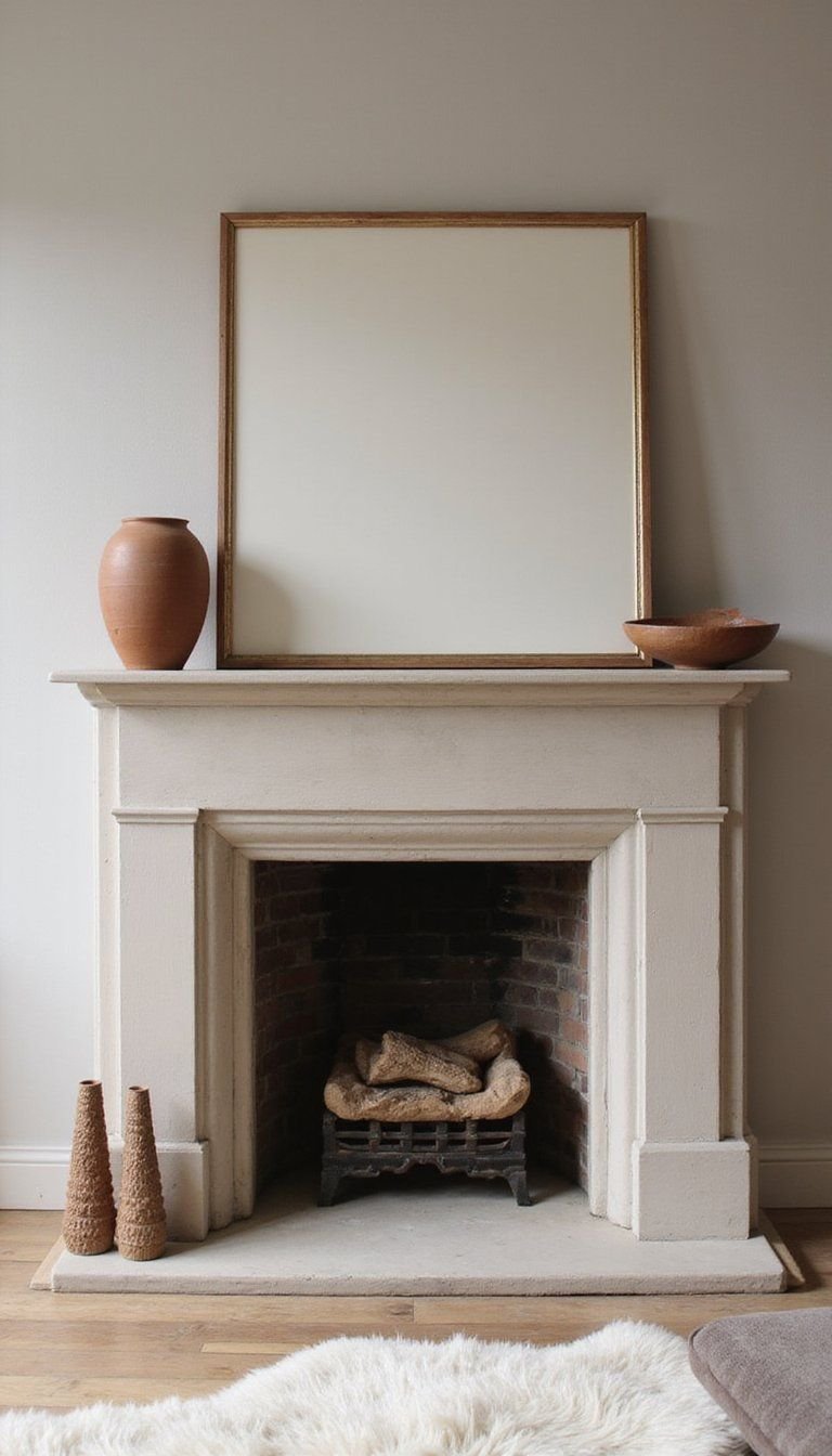 Greige Fireplace Mantel Styled With Earthy Objects