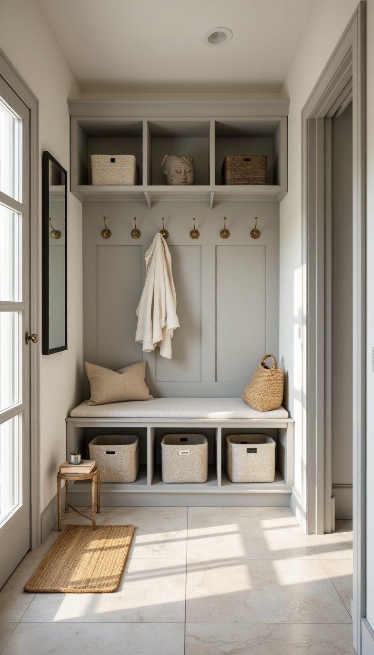 Greige Mudroom With Durable Surfaces And Hooks