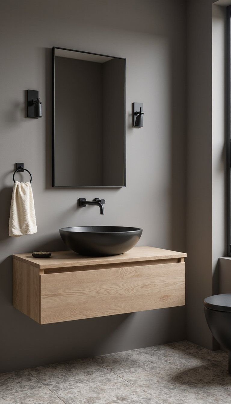 Greige Powder Room With Bold Matte Fixtures