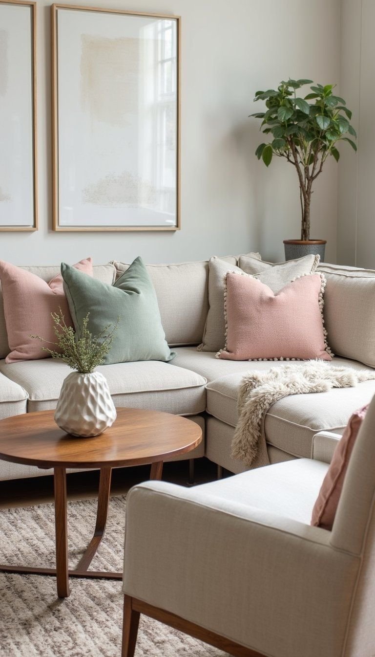 Greige Sofa Anchored With Soft Pastel Pillows