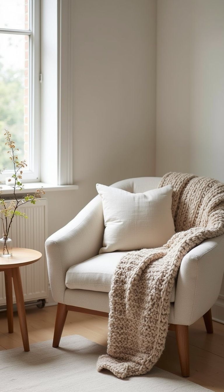Soft Bouclé Chair Paired With Wooden Side Table