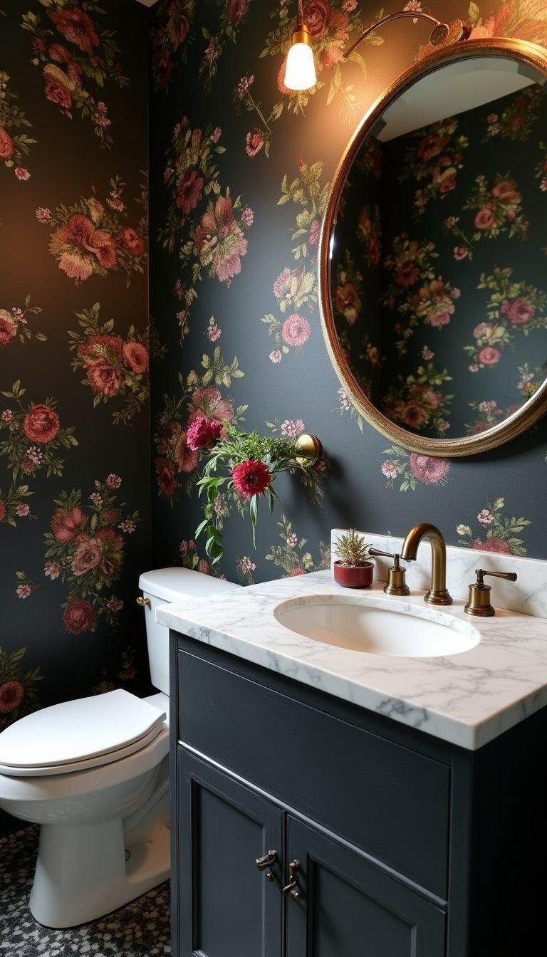 Moody Dark Floral For Dramatic Powder Room Refresh