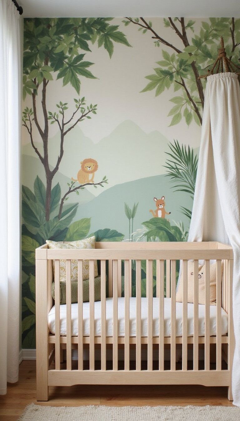 Hand-Painted Jungle Mural Above The Crib Area