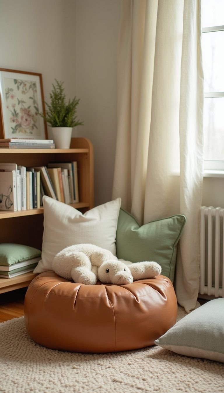 Leather Pouf And Soft Floor Pillows For Texture