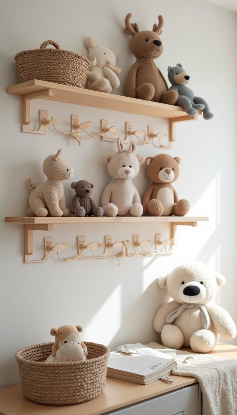 Plush Animal Toy Display Shelf With Wooden Hooks