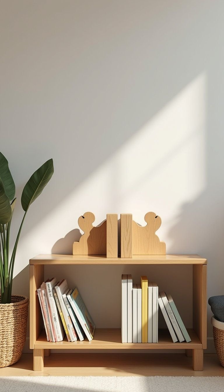 Wooden Safari Animal Bookends On Low Bookshelf