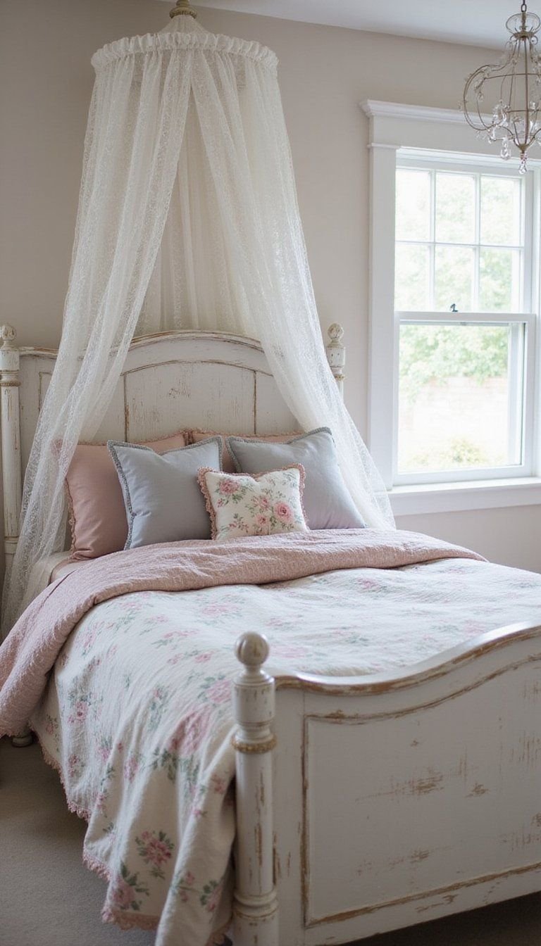 Distressed White Bed With Lace Canopy
