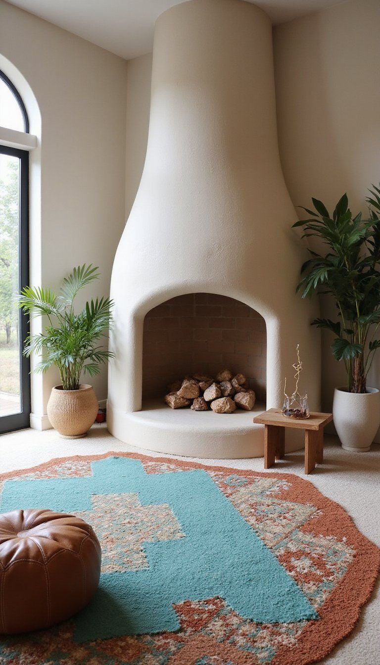 Kiva Fireplace With Layered Geometric Rugs
