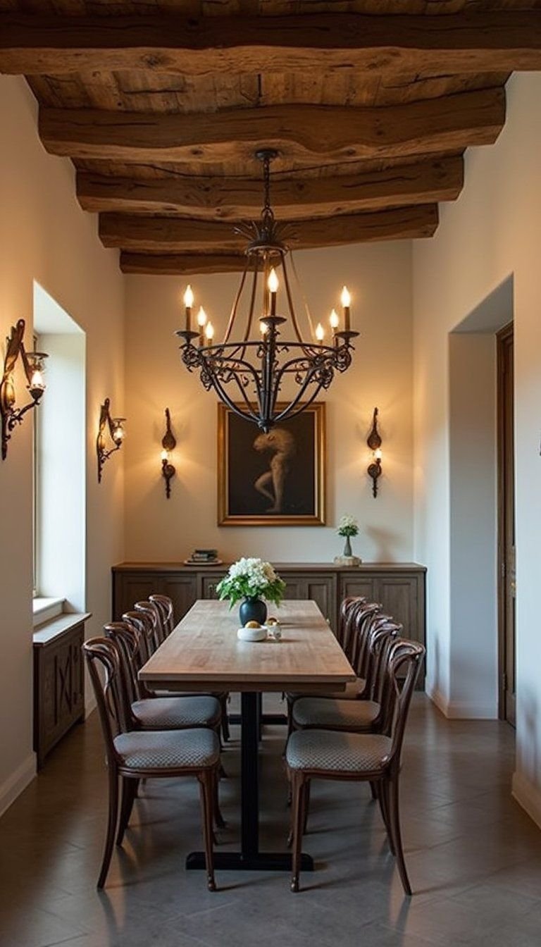 Layered Lighting With Wrought Iron Fixtures