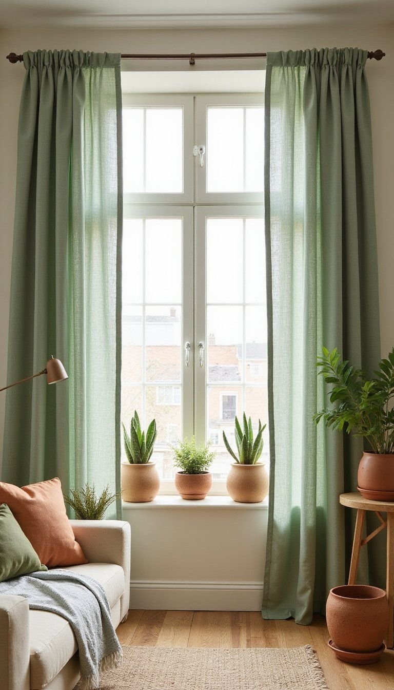 Soft Sage Green Curtains With Terra Cotta Accents