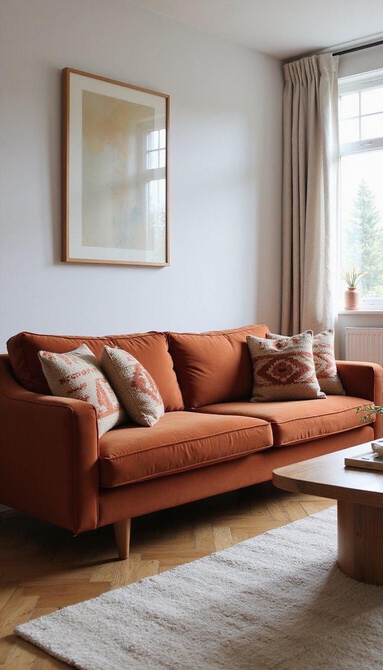 Velvet Rust Sofa With Handwoven Throw Pillows