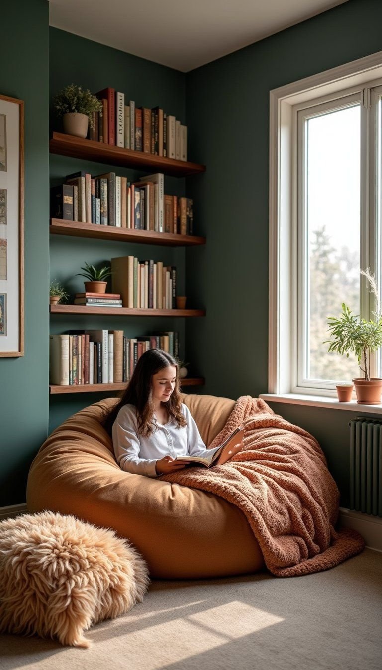 Cozy Reading Nook With Beanbag And Shelving
